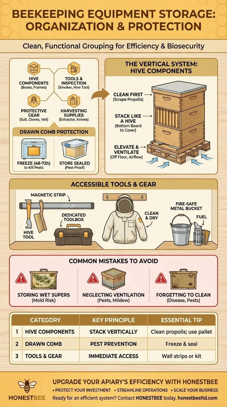 What is the best way to organize beekeeping equipment in a storage space? Protect Your Investment & Streamline Workflow Visual Guide