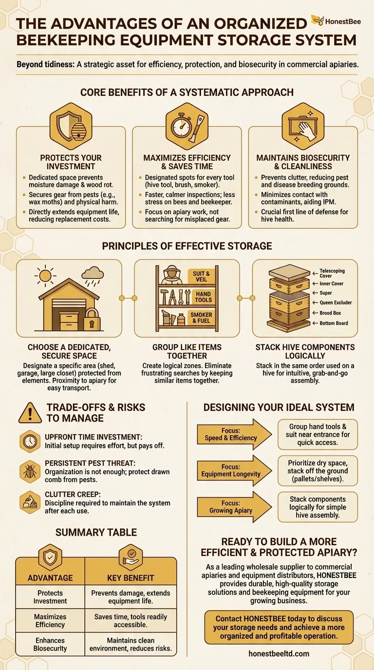 Каковы преимущества поддержания организованной системы хранения пчеловодческого инвентаря? Защитите свои инвестиции и повысьте эффективность Визуальное руководство