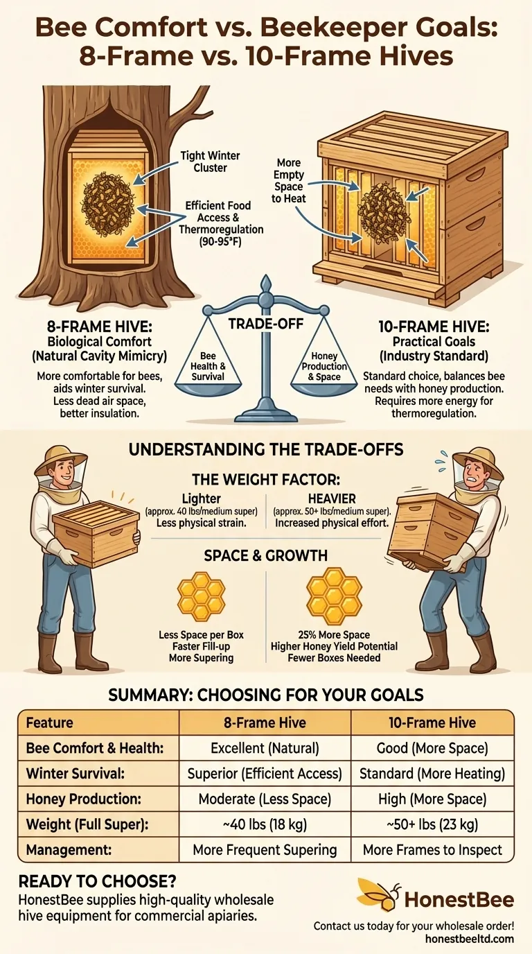 How does the comfort of honey bees differ between 8-frame and 10-frame hives? Choose the Best Hive for Bee Health Visual Guide