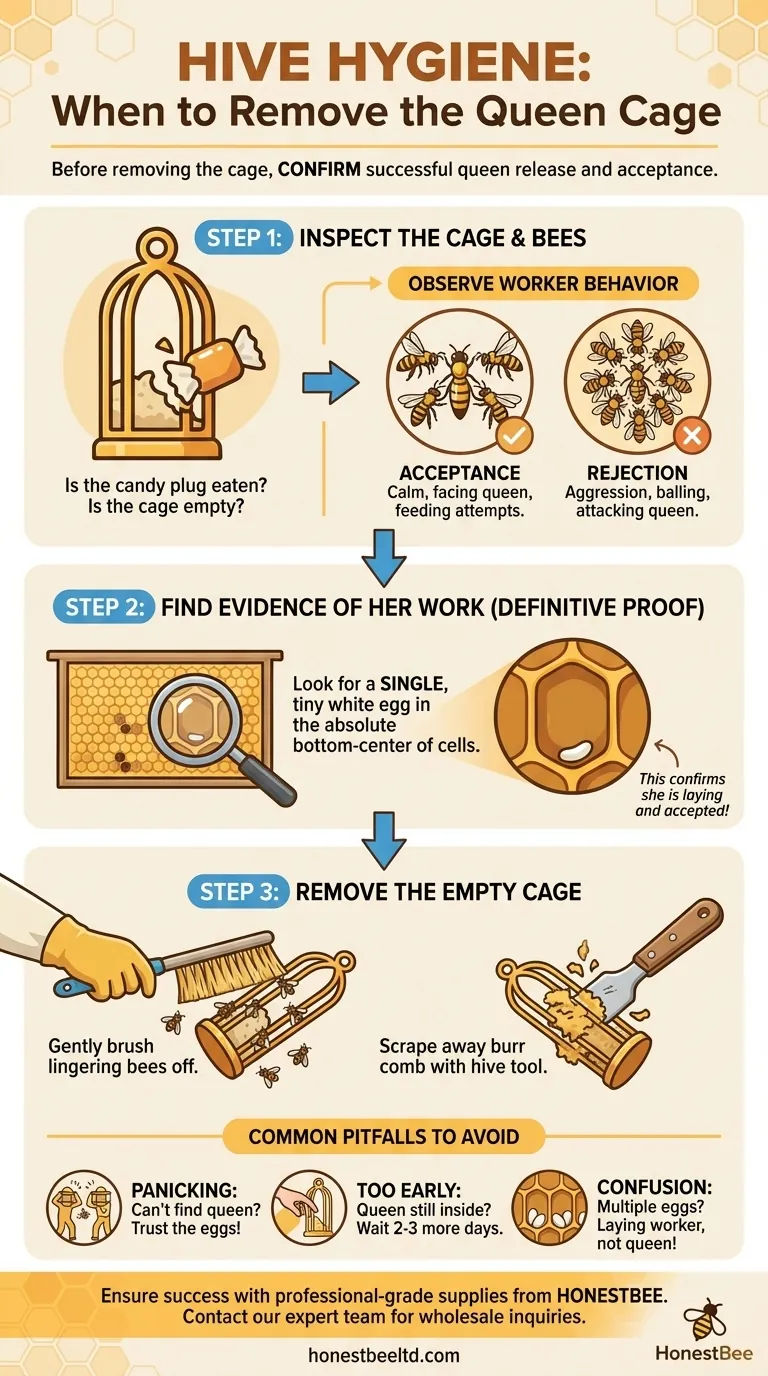 여왕벌 케이지를 제거하기 전에 무엇을 해야 합니까? 새 여왕벌이 받아들여지고 산란하고 있는지 확인하세요 시각적 가이드