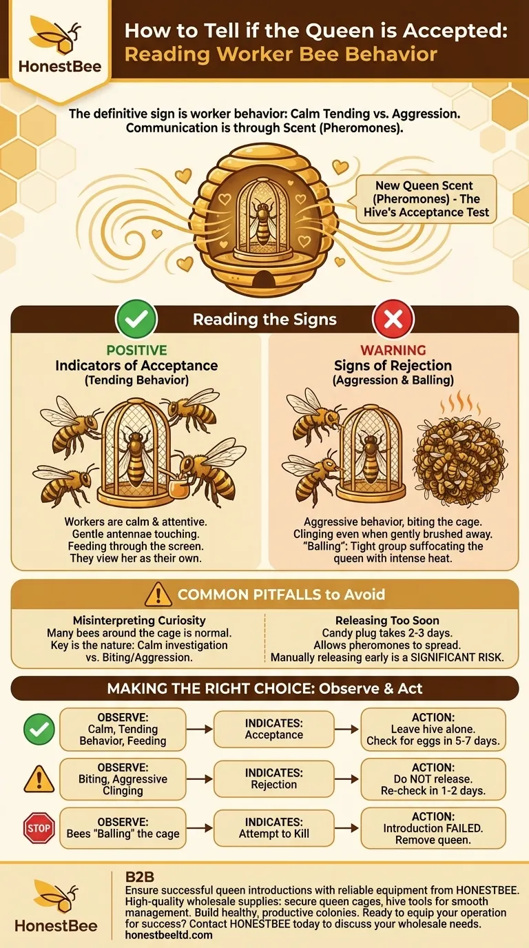 How can you tell if the worker bees have accepted the queen? Decode Bee Behavior for a Thriving Hive Visual Guide