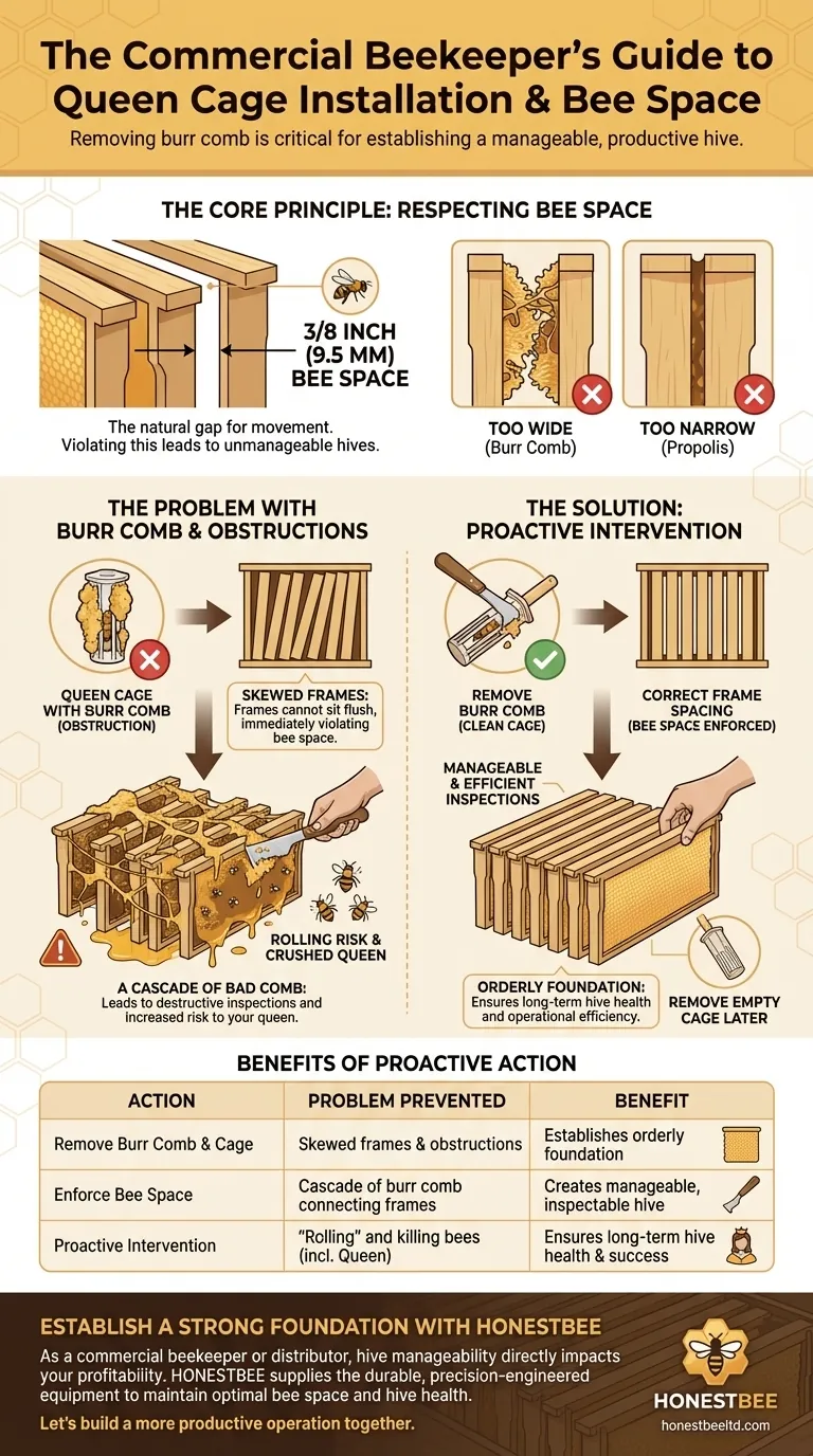 Why is it important to remove burr comb around the queen cage? Ensure Hive Health and Manageability Visual Guide