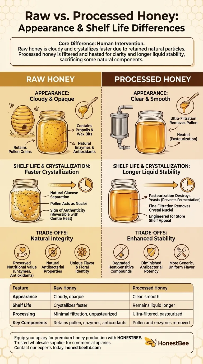 What is the main difference in appearance and shelf life between raw and processed honey? A Guide for Beekeepers Visual Guide