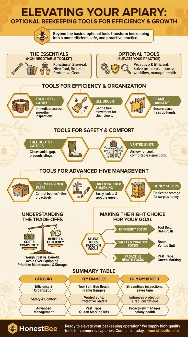 What are some optional tools that can be useful in beekeeping? Boost Efficiency & Hive Health Visual Guide