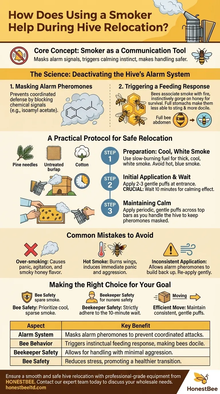 How does using a smoker help during hive relocation? A Guide to Calm, Safe Bee Transport Visual Guide