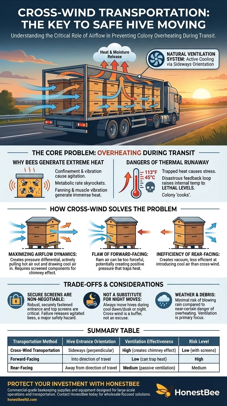 What is cross-wind transportation, and why is it beneficial for moving hives? Prevent Colony Loss During Transport Visual Guide