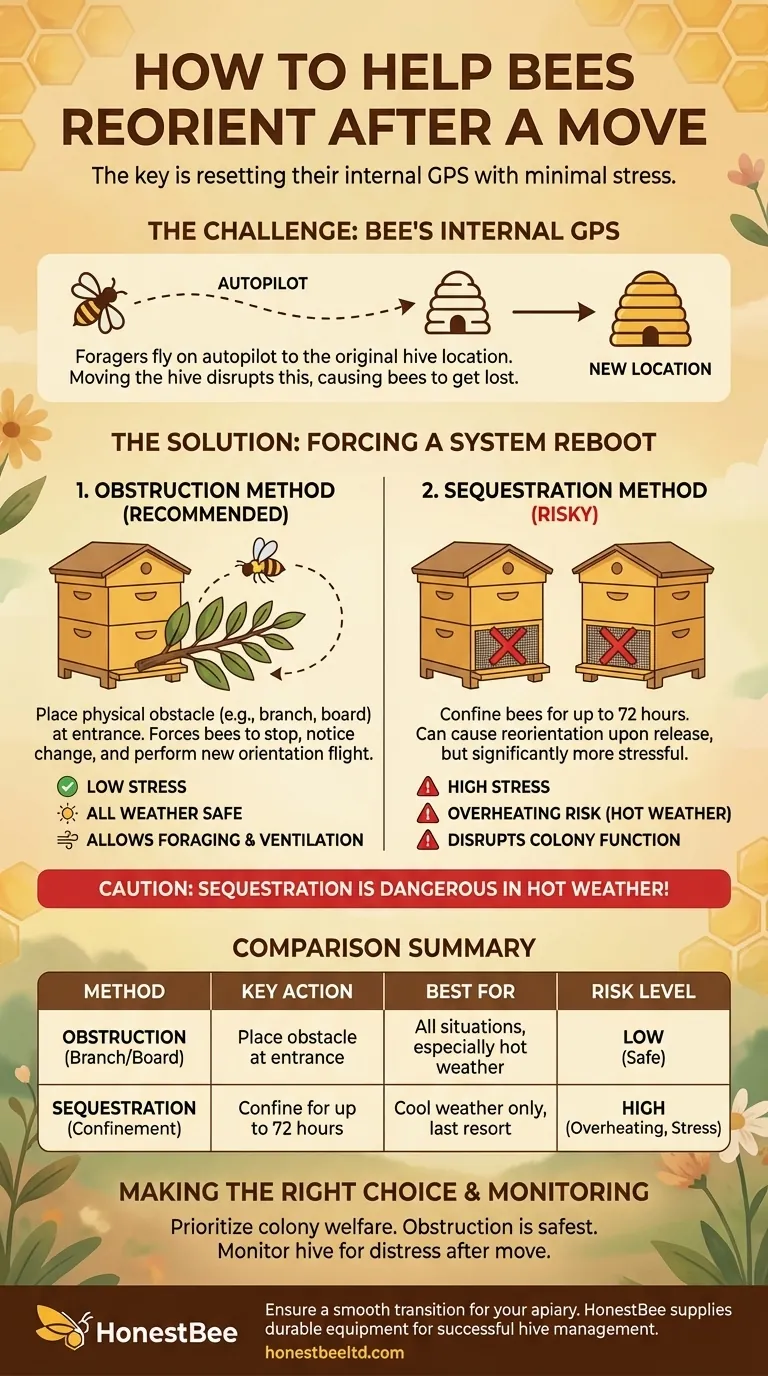 How can beekeepers help bees reorient to a new location after relocation? Safely Reset Their GPS with a Simple Obstruction Visual Guide