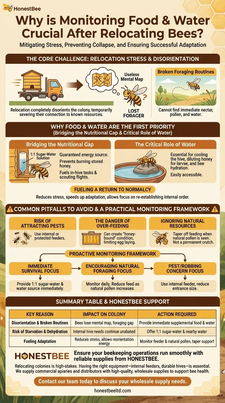 ¿Por qué es crucial monitorear los suministros de alimento y agua después de reubicar abejas? Asegurar la supervivencia y adaptación de la colonia Guía Visual