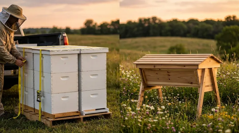 Warre 벌통을 랑스트로스 벌통과 비교했을 때, 이동성 측면에서 차이점은 무엇인가요? 안전한 운송에 있어서는 랑스트로스 벌통이 확실한 우위입니다.