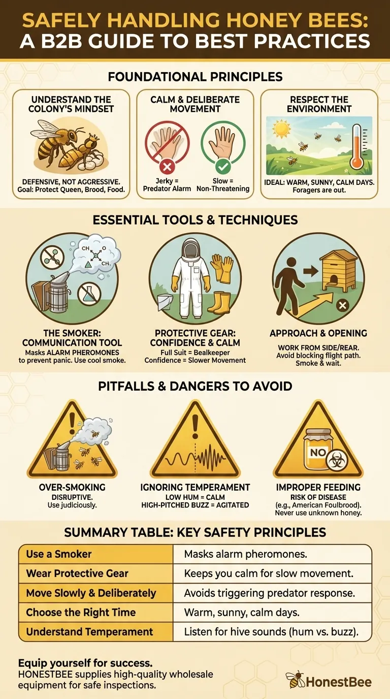 What are some general tips for safely handling honey bees? Achieve Calm, Confident Beekeeping Visual Guide
