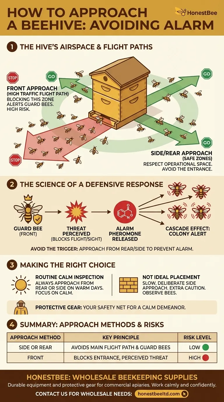 양봉가는 벌을 놀라게 하지 않고 벌통에 어떻게 접근해야 할까요? 침착하게 측면 접근법을 마스터하세요 시각적 가이드
