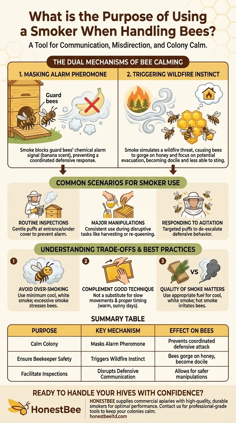 What is the purpose of using a smoker when handling bees? Master Hive Safety and Bee Calming Visual Guide