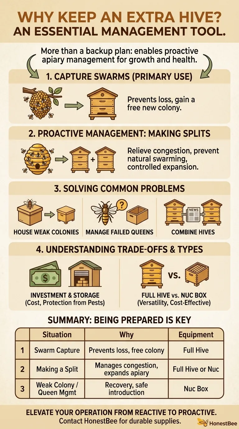 여분의 벌통을 비치해 두는 것이 권장되는 이유는 무엇입니까? 군집 분산 통제 및 양봉장 성장에 필수적입니다 시각적 가이드