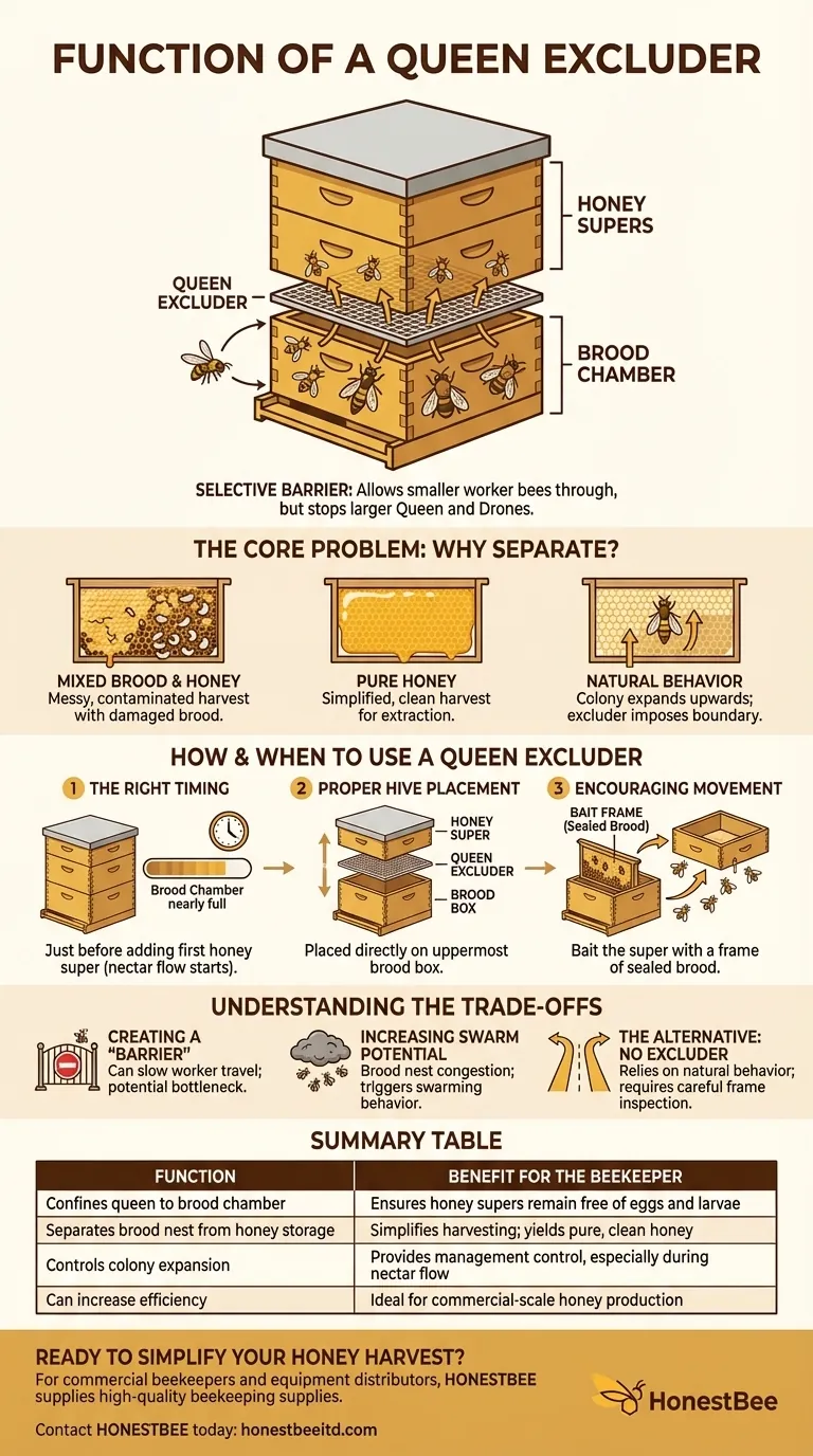 랑스트로스 벌통에서 여왕벌 격리기의 기능은 무엇인가요? 꿀 수확 및 순도 극대화 시각적 가이드