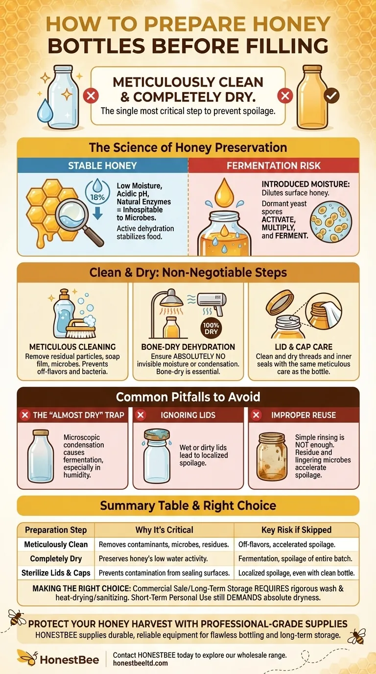 How should honey bottles be prepared before pouring honey into them? The #1 Rule for Honey Longevity Visual Guide
