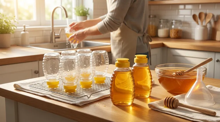 How should honey bottles be prepared before pouring honey into them? The #1 Rule for Honey Longevity