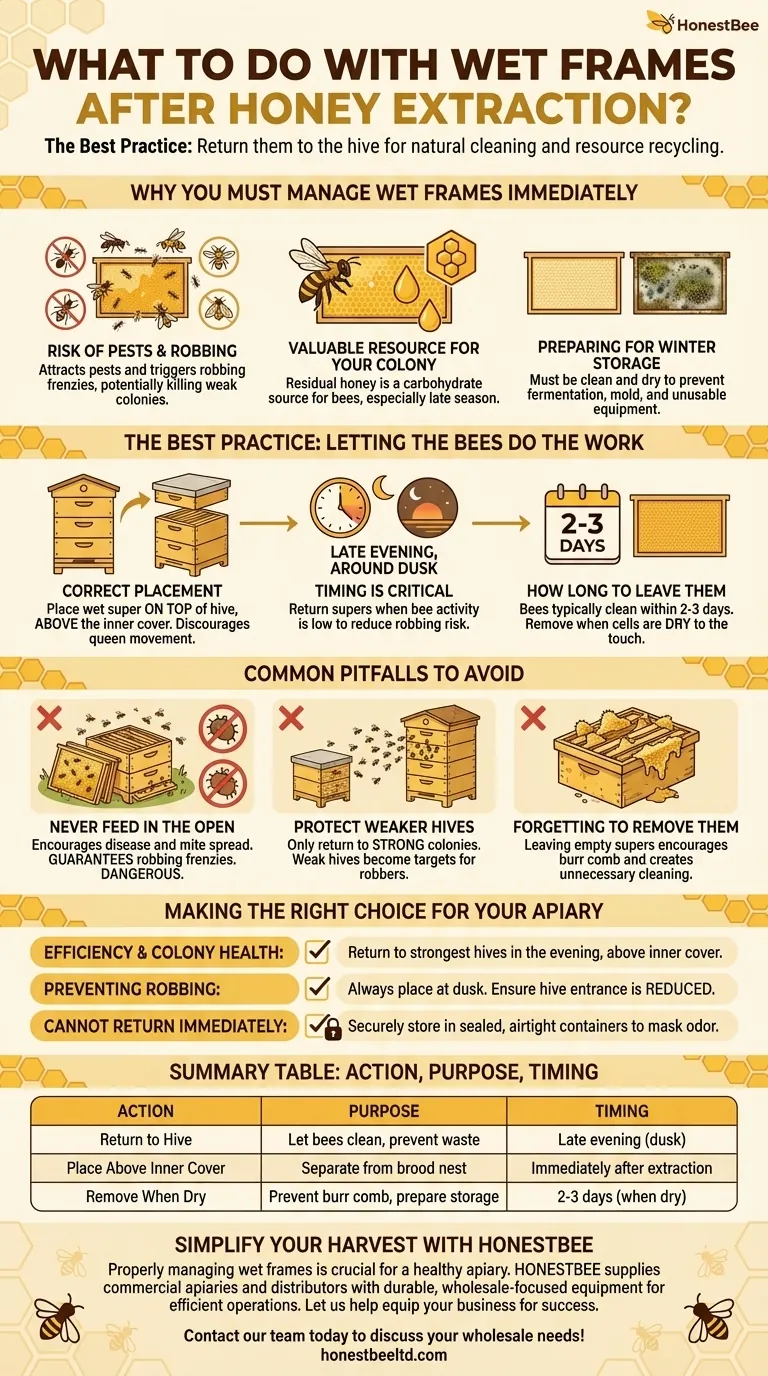 What should be done with wet frames after honey extraction? A Guide to Efficient Apiary Management Visual Guide