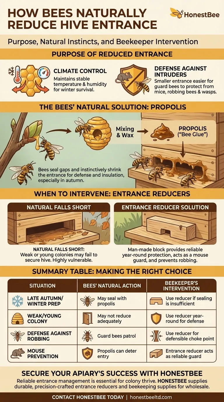 Que capacidade natural a maioria das abelhas tem para reduzir a entrada de sua colmeia? Domine a Segurança da Colmeia no Inverno Guia Visual