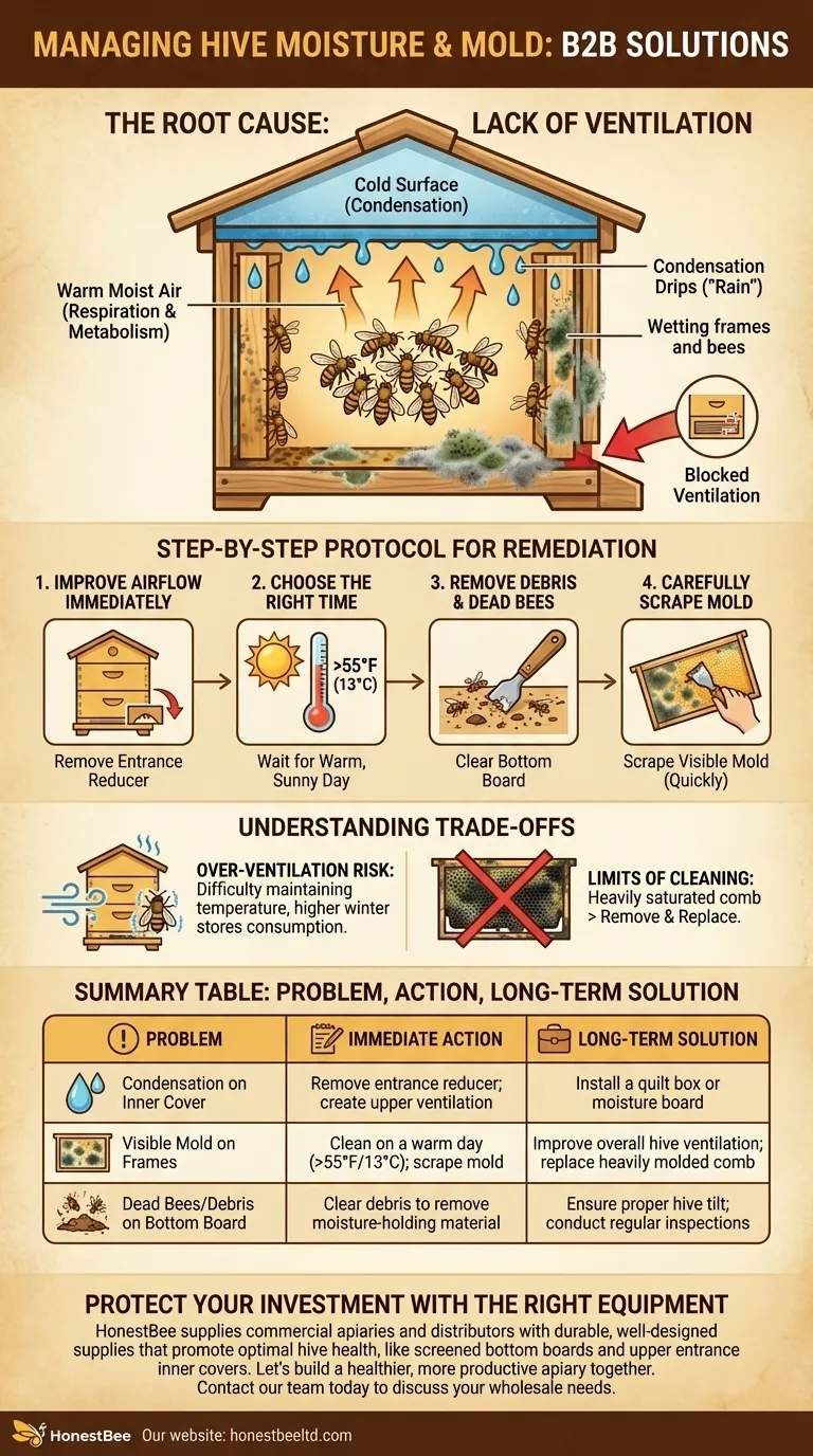 What should be done if a hive shows signs of excessive moisture or mold? A Guide to Restoring Hive Health Visual Guide