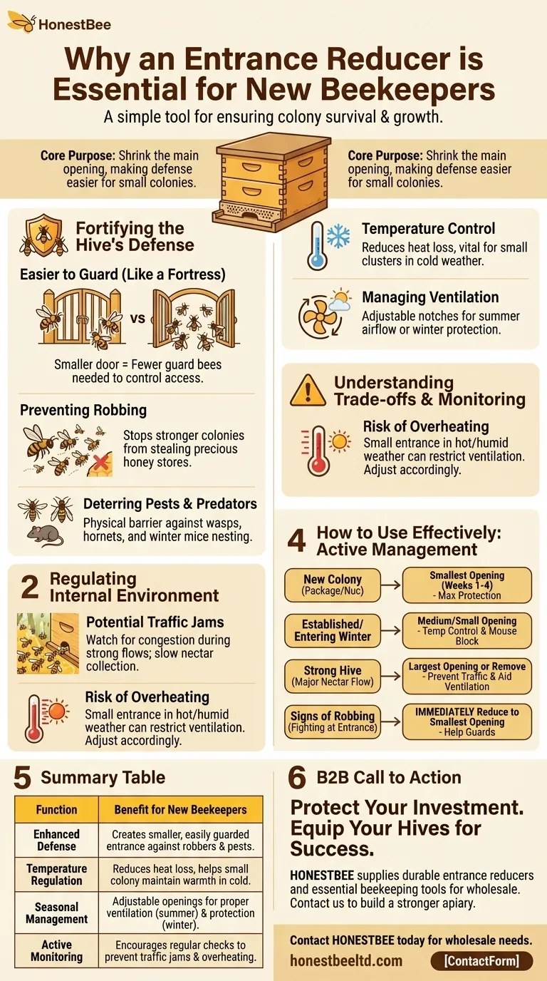 초보 양봉가에게 입구 조절기(entrance reducer)를 권장하는 이유는 무엇일까요? 새로운 벌통을 도둑벌과 해충으로부터 보호하세요 시각적 가이드
