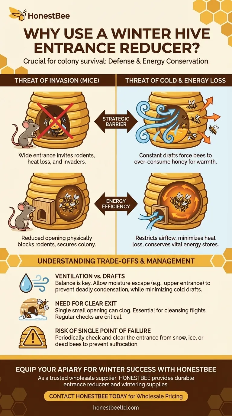 겨울철에 입구 조절기(entrance reducer)를 사용하는 것이 왜 중요할까요? 벌통을 추위와 해충으로부터 보호하세요 시각적 가이드