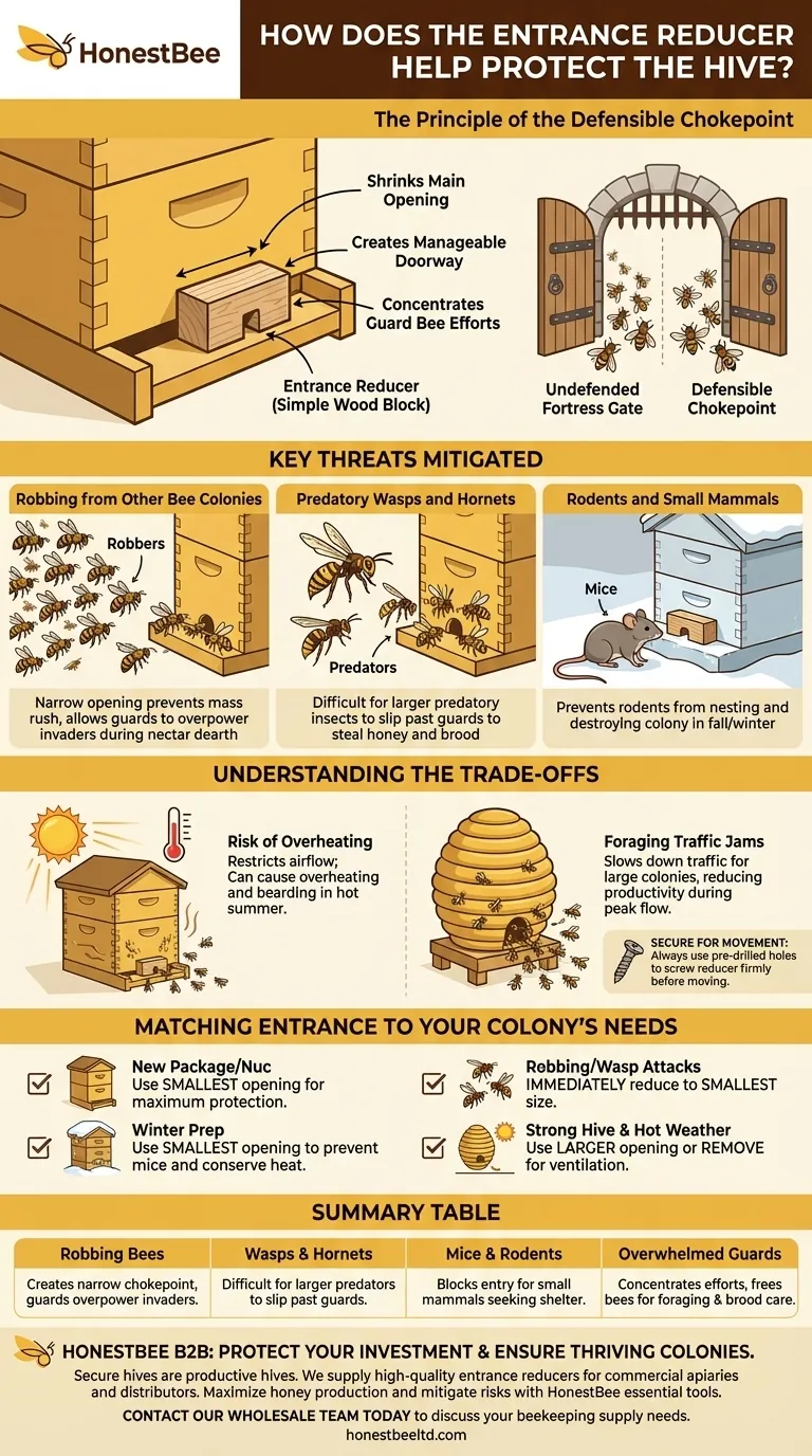 How does the Entrance Reducer help protect the hive? Essential Defense for Your Apiary Visual Guide