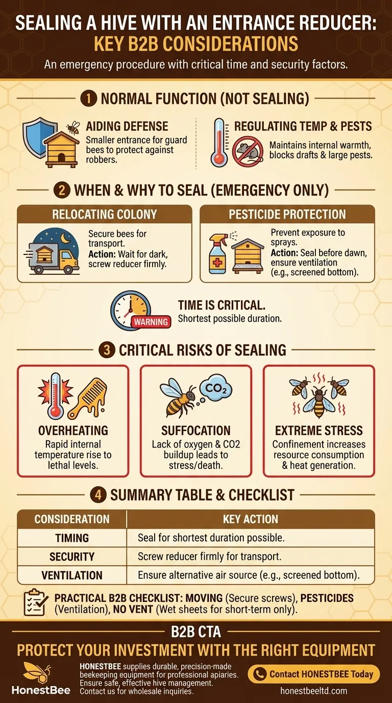 What should be considered when using the Entrance Reducer to seal the hive? Avoid Overheating & Ensure Hive Security Visual Guide
