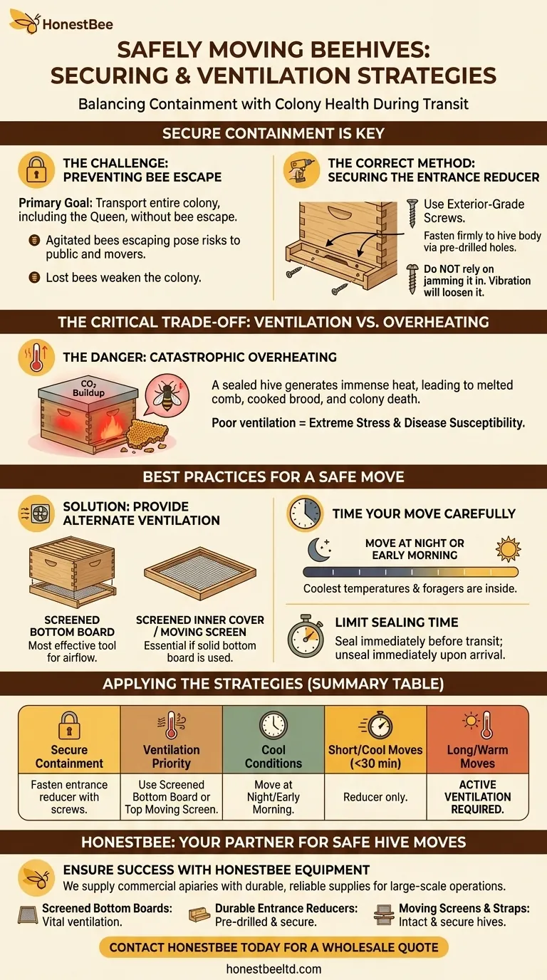벌통을 옮길 때 입구 축소기를 어떻게 고정해야 하나요? 벌의 탈출 및 과열 방지 시각적 가이드