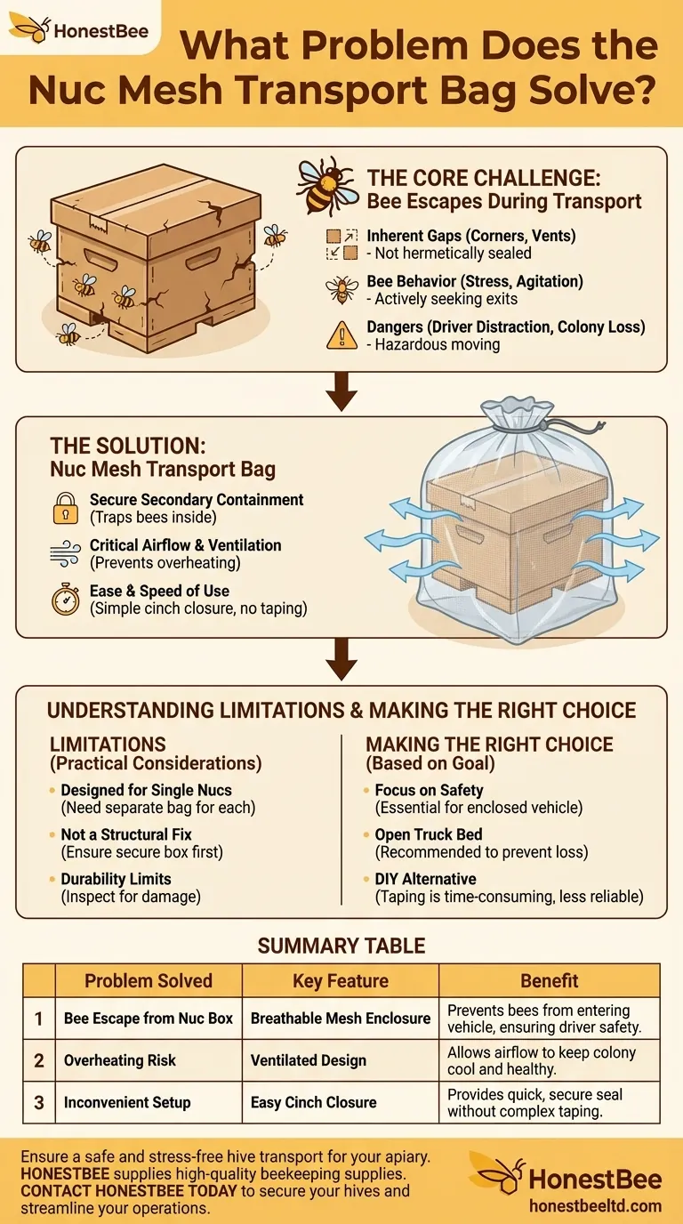 Quale problema risolve la Borsa da Trasporto a Rete per Nuclei (Nuc Mesh Transport Bag)? Metti al sicuro il tuo alveare durante il trasporto Guida Visiva