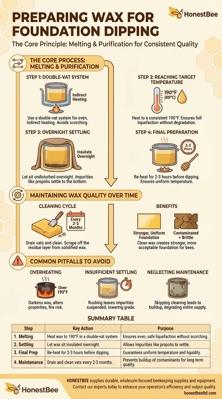 How should the wax be prepared before dipping for foundation? A Guide to Pure, Consistent Wax Visual Guide