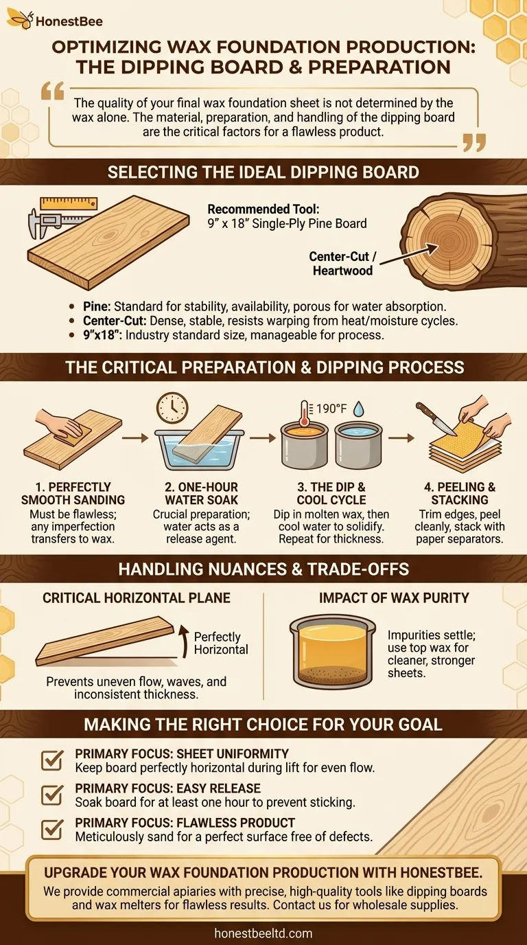 What type of board is recommended for dipping wax, and how should it be prepared? Essential Guide for Perfect Wax Foundation Visual Guide