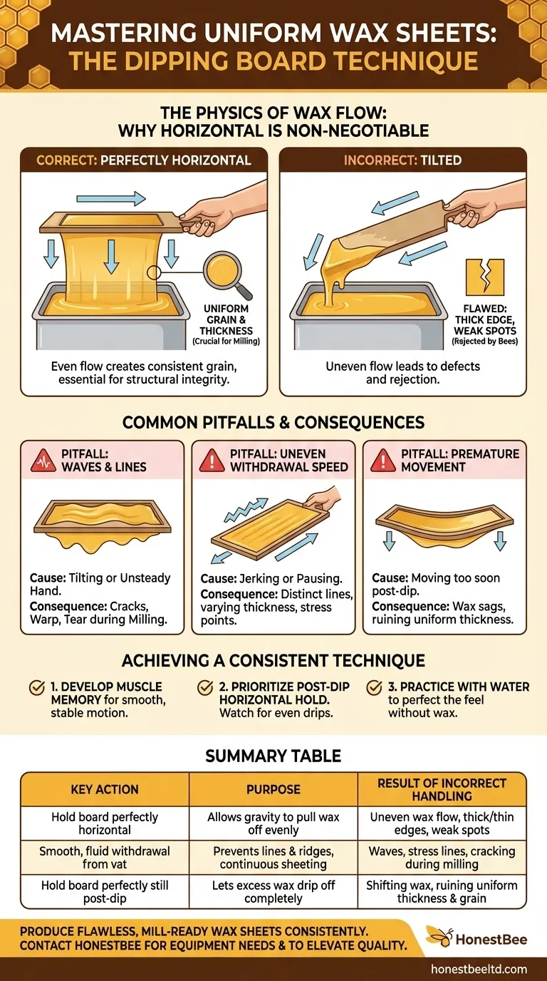 How should the dipping board be handled to ensure uniform wax sheets? Master the Horizontal Hold for Perfect Sheets Visual Guide