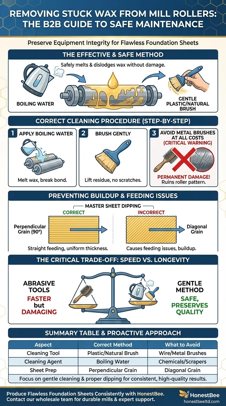 How should stuck wax on mill rollers be removed? A Gentle, Non-Damaging Cleaning Method Visual Guide