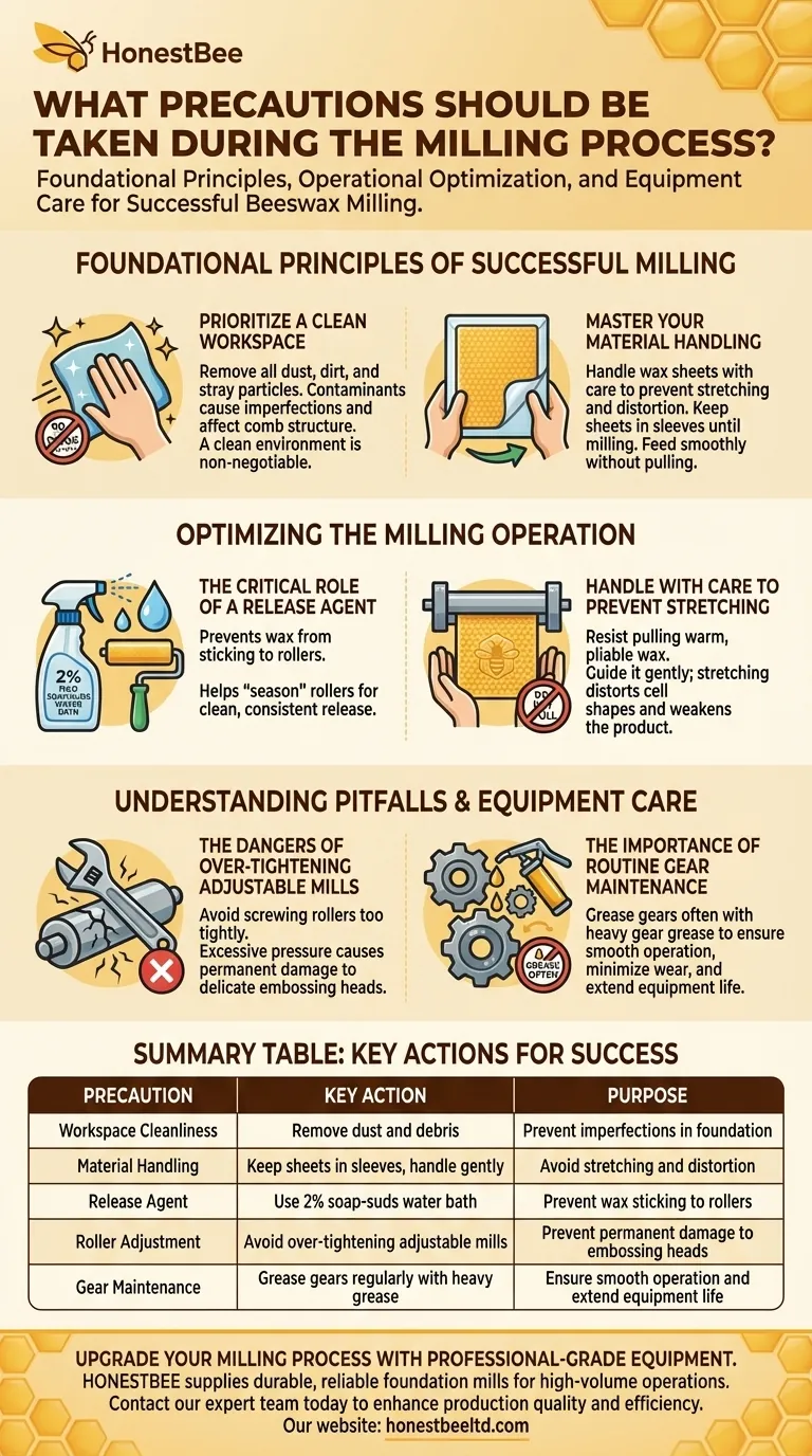 What precautions should be taken during the milling process? Ensure Perfect Beeswax Foundation Every Time Visual Guide