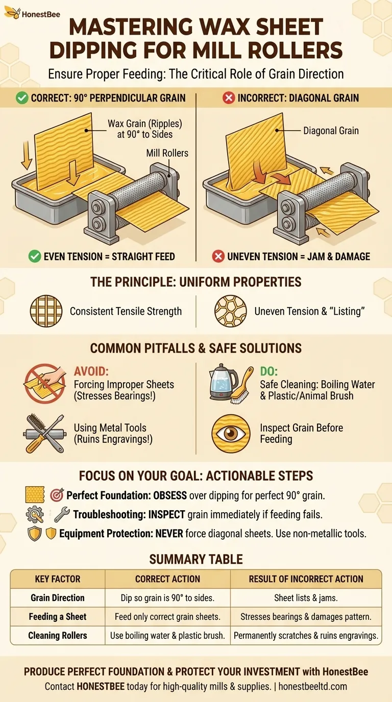 Como as chapas de cera devem ser mergulhadas para garantir a alimentação correta através dos rolos da máquina? Domine a Regra do Grão de 90 Graus Guia Visual