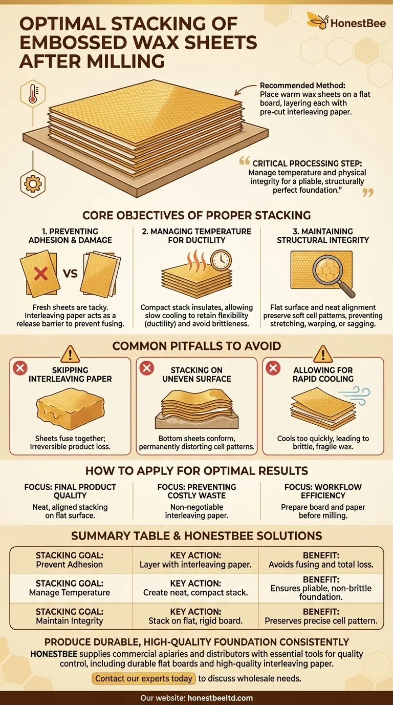 What is the recommended method for stacking embossed wax sheets after milling? Prevent Sticking & Ensure Quality Visual Guide