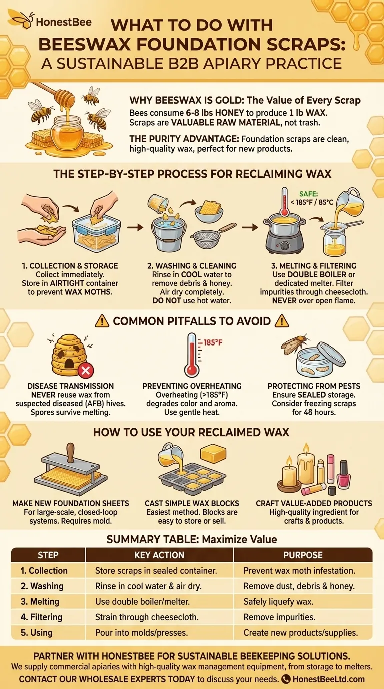 What should be done with scraps after cutting foundation? Save, Wash, and Re-Melt for Sustainability Visual Guide