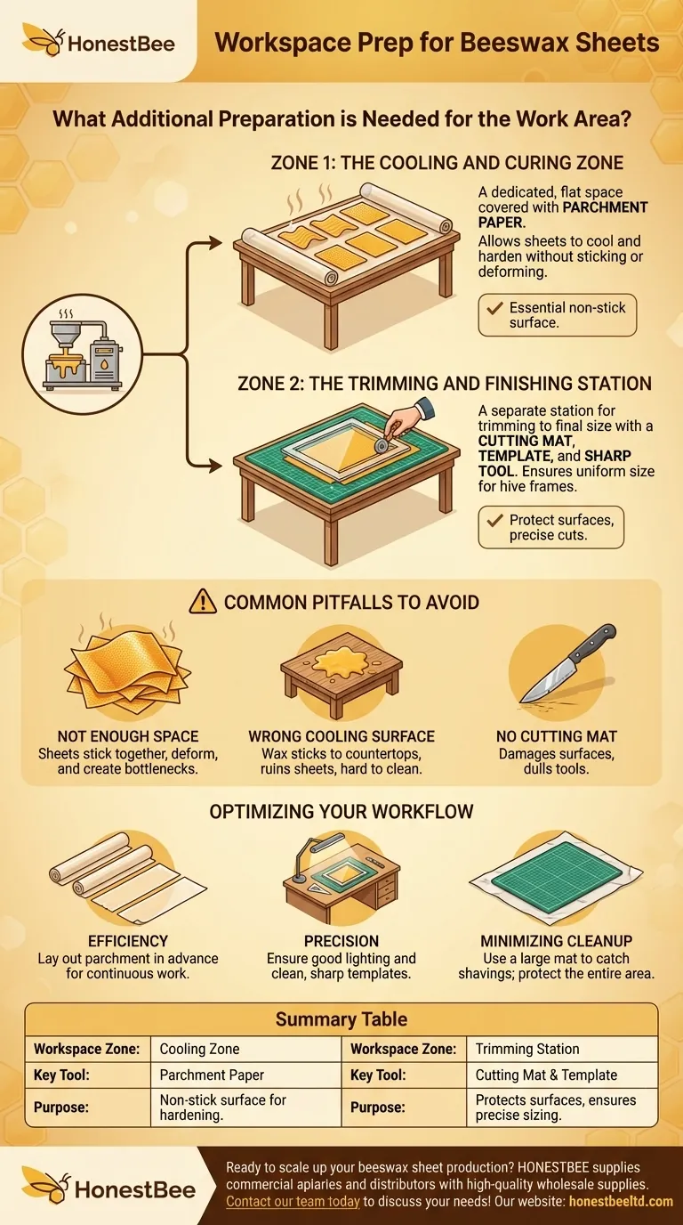 What additional preparation is needed for the work area when making beeswax sheets? Set Up a Professional Production Line Visual Guide