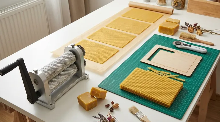 What additional preparation is needed for the work area when making beeswax sheets? Set Up a Professional Production Line