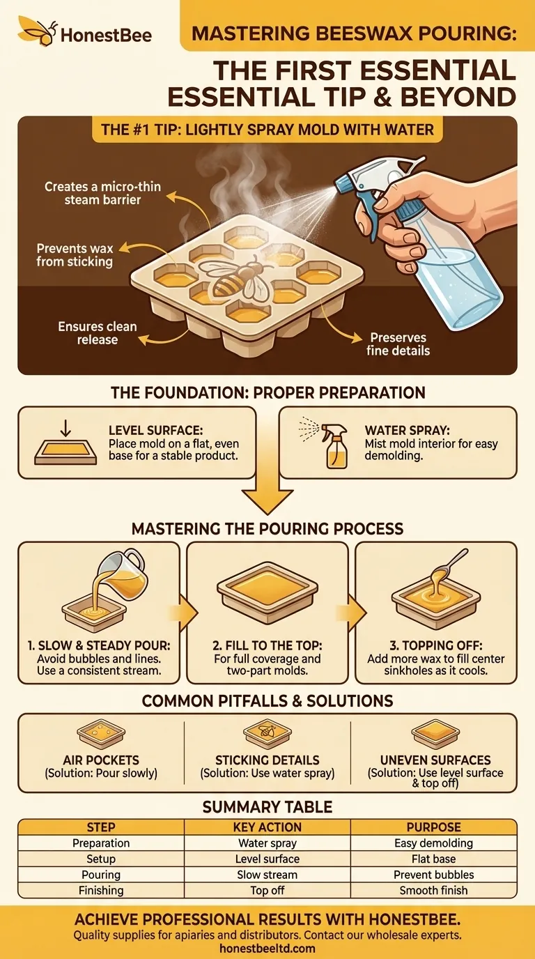 What is the first tip for pouring beeswax into a silicone mold? Ensure a Perfect Release Visual Guide