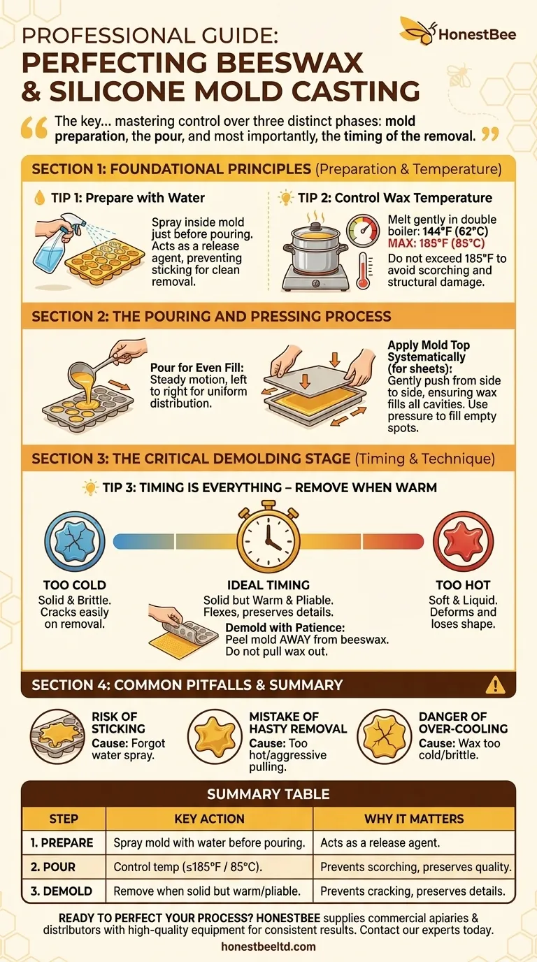 What is the third tip for working with beeswax in a silicone mold? Master the Critical Demolding Stage Visual Guide