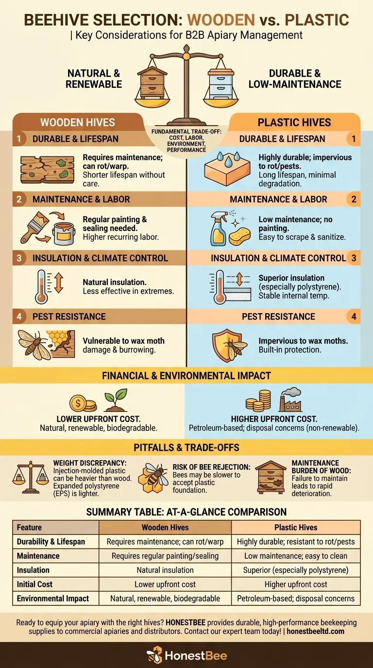 나무 벌통과 플라스틱 벌통 중 선택할 때 주요 고려 사항은 무엇인가요? 양봉장에 적합한 선택을 하세요 시각적 가이드
