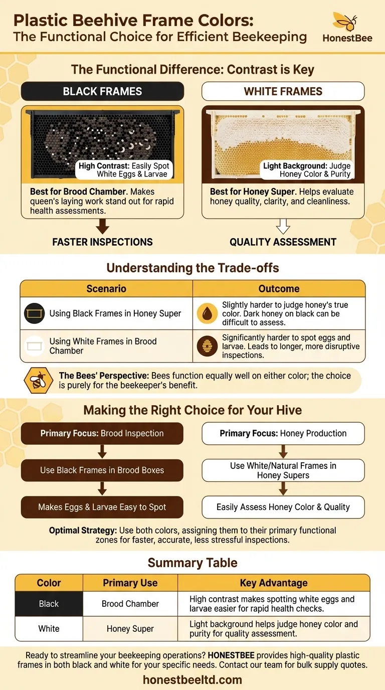 플라스틱 프레임은 어떤 색상으로 제공되며, 검은색 프레임의 장점은 무엇입니까? 애벌레와 꿀 검사를 위해 하이브 검사를 최적화하십시오. 시각적 가이드