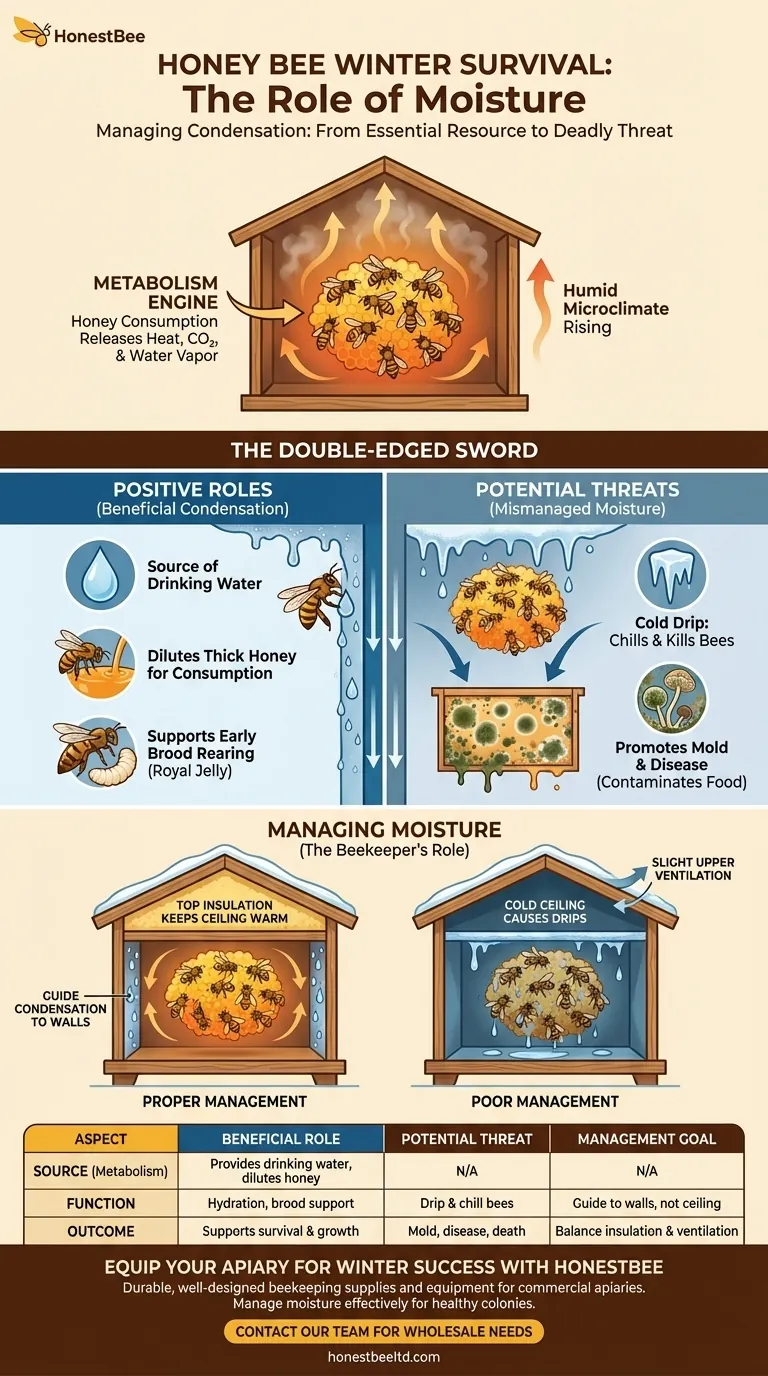 What role does moisture play in a honey bee colony during winter? Essential for Survival, But a Deadly Threat if Mismanaged Visual Guide