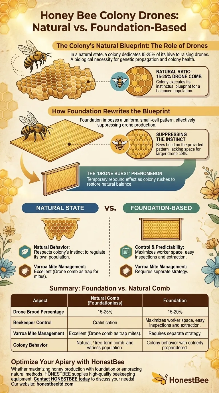 What is the natural percentage of drones in a bee colony? Foundation's Impact on Bee Biology Visual Guide