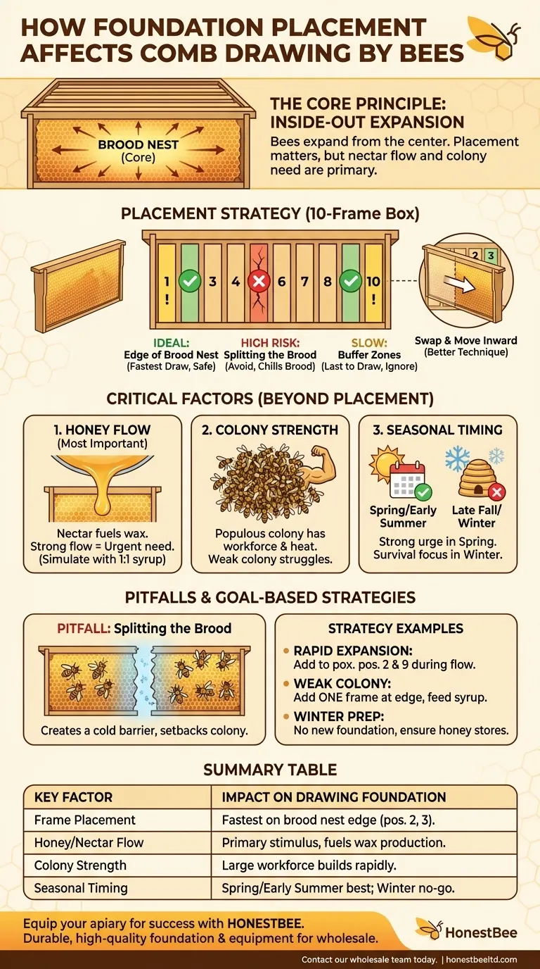 How does the placement of foundation affect its drawing out by bees? Optimize for Fast Comb Building Visual Guide