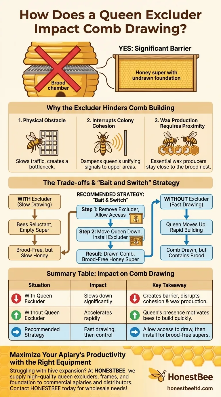 여왕벌 격리기가 소초광을 만드는 데 어떤 영향을 미치나요? 벌집 건설을 상당히 늦춥니다. 시각적 가이드