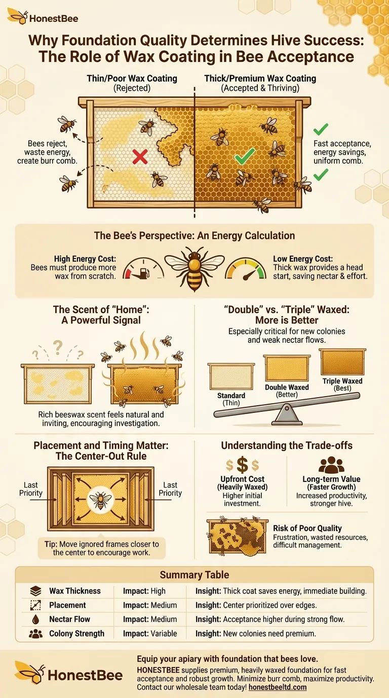 What role does the quality of foundation play in its acceptance by bees? Maximize Comb Building with Premium Wax Coating Visual Guide