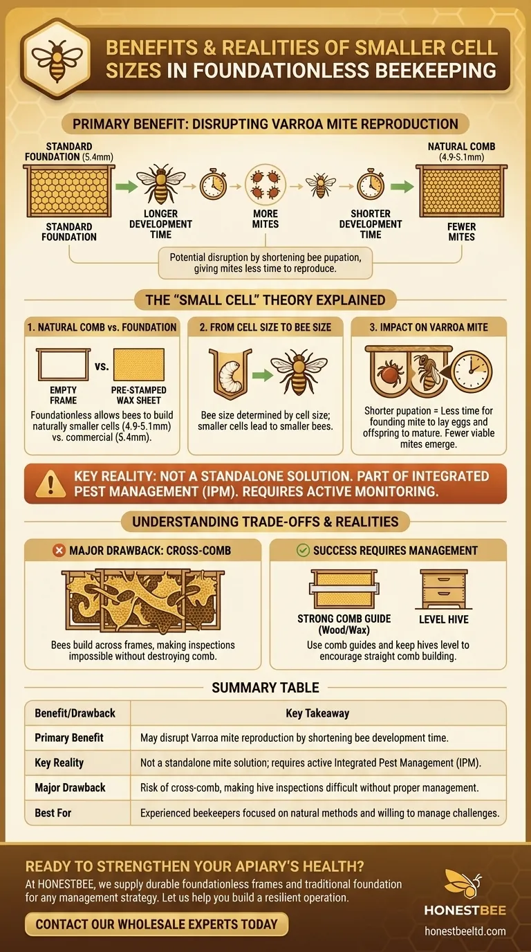 What are the benefits of smaller cell sizes in foundationless beekeeping? Enhance Hive Health Naturally Visual Guide