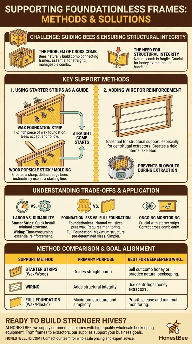 What additional methods can be used to support foundationless frames? Prevent Cross Comb and Harvest More Honey Visual Guide